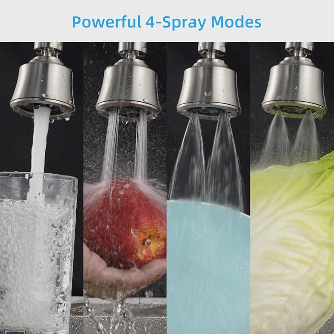 iFealClear Kitchen Sink Faucet Head, Swivel 360 Degree Faucet Sprayer Head with 4 Spray Modes, Big Angle Faucet Aerator Adapter Fits Female 55/64“ Male 15/16" for Bathroom/Kitchen/Rvs, Brushed Nickel