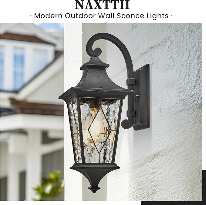 Porch Light Outdoor 14.5 Inch Black Exterior Light Fixtures 2-Pack Outside Light fixtures for House Water Reipple Handmade Solder Glass Aluminum Material and E26 Socket Downwards Installation