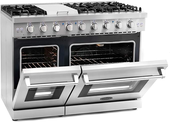 COSMO COS-EPGR486G 48 in. Haven Collection 7 cu. ft. Double Oven Gas Range, 6 Burners, Griddle, Convection, Knob LEDs, Stainless Steel