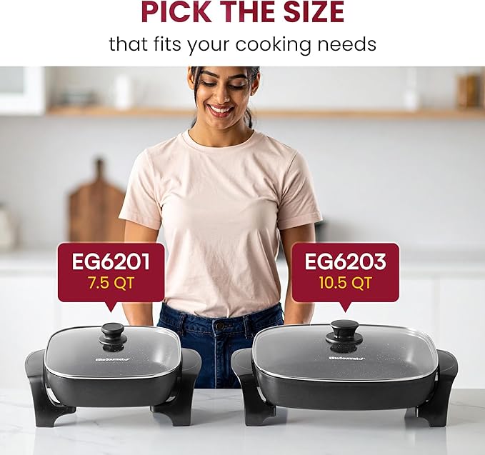 Elite Gourmet EG6203 Extra Deep 16"x13"x3.2" (10.5Qt.) Scratch Resistant, Easy Pour Spout, Dishwasher Safe, Non-stick Electric Skillet with Vented Glass Lid, Adjustable Temperature, Black