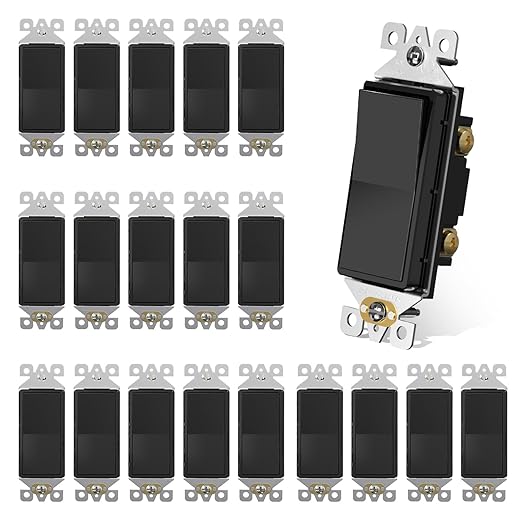 AIDA Single Pole Rocker Decora Light Switch, 15 Amp Self-grounding Electrical Light Switches, Residential Grade, UL Listed (20 Pack, Glossy Black)