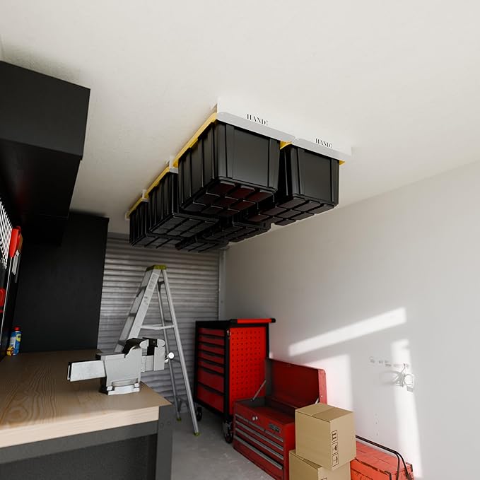 HANDT Overhead Garage Storage Rack, Connectable Heavy Duty Metal Ceiling Rails For Garage Storage Organization Shelving System, Hanging Racks For Tote Containers, Supports Up To 6 Bins, 4 Sets White