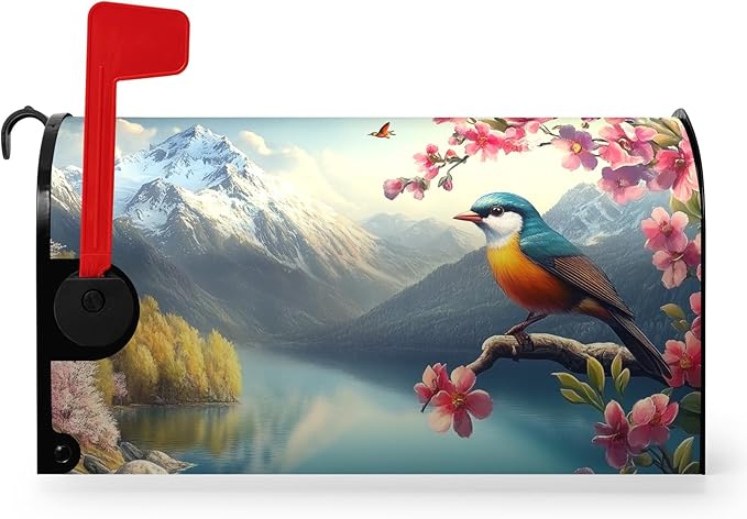 Spring Flowers Bird Mailbox Cover Magnetic Standard Size 21x18 Inch Spring Mountain Lake Mailbox Covers Floral Rustic Seasonal Mailbox Wraps Post Letter Box Decor for Garden Yard