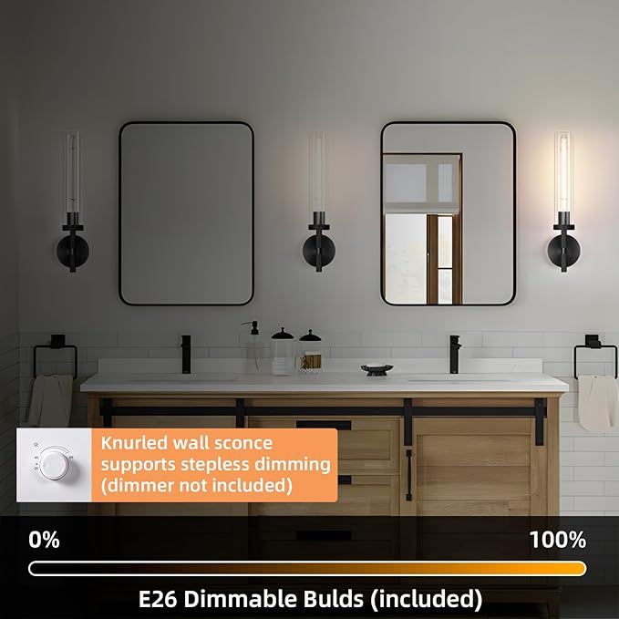 Modern Black Hardwired Wall Sconces, 21'' Knurled Bathroom Wall Sconce, Indoor Wall Sconce,Copper and Glass Vanity Light, for Living,Bedroom, Hallway, Staircases, Include Bulbs