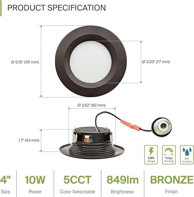 ASD 4 Inch Retrofit LED Recessed Lighting | Metal Trim Bronze 10W 849LM 120V 2700K-5000K Adjustable Ceiling Downlights | Triac Dimmable Wet Rated Room Can Lights, ETL Energy Star, 12 Pack