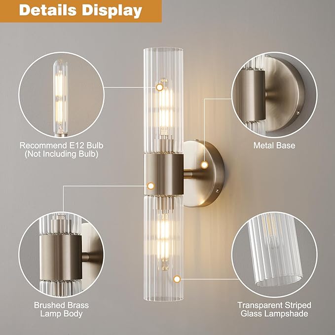 Bathroom Light Fixtures 2-Light, Modern Vanity Light for Bathroom, Wall Sconce, Bath Light with Glass Rods Shades for Mirror Bedroom Hallway (Brushed Nickel)
