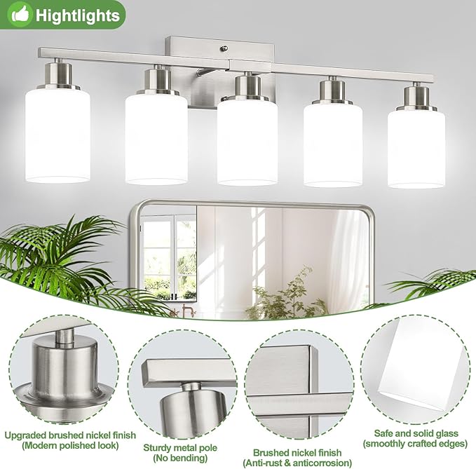 5-Light Brushed Nickel Bathroom Vanity Light with Milky White Frosted Glass Shades, Modern Bathroom Light Fixtures, Up/Down Reversible Lighting for Mirror, Bedroom, Kitchen, Living Room, Hallway