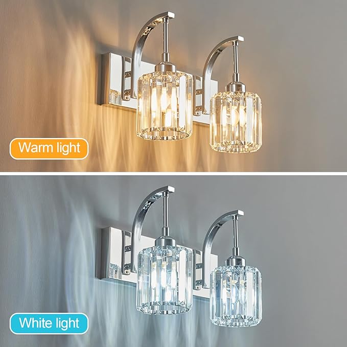 Bathroom Crystal Vanity Lights 2-Light Chrome Wall Lamp Modern Crystal Bathroom Light Fixtures Over Mirror 13.77" Long Wall Sconce