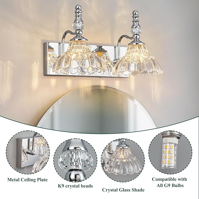 Vintage Bathroom Vanity Light, 2-Light Chrome Vanity Lighting Fixture with Flower Glass Shade, Bathroom Lighting Fixtures Over Mirror
