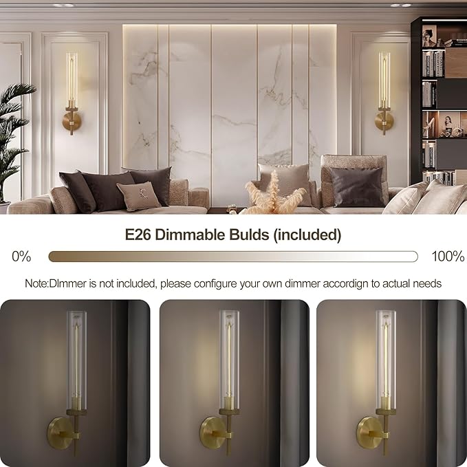 Brass Sconces Wall Lighting, 19" Tube Glass Gold Sconces, Bathroom Wall Sconces Lighting Vanity Lights Wall Lights for Living Room, Hallway, Fireplace, Staircase