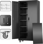 Metal Storage Cabinet with Wheels and Pegboard,71" H x 32" W x 16" D Garage Storage Cabinet with 2 Doors and 5 Adjustable Shelves for Garage, Home, Warehouse, Closet, Assembly Required, Black