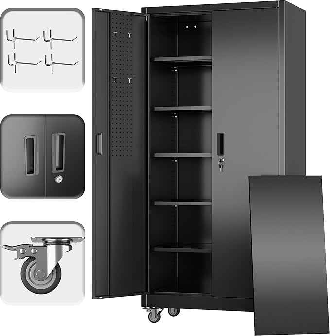 Metal Storage Cabinet with Wheels and Pegboard,71" H x 32" W x 16" D Garage Storage Cabinet with 2 Doors and 5 Adjustable Shelves for Garage, Home, Warehouse, Closet, Assembly Required, Black