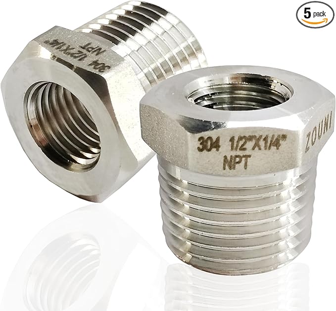 2 Pcs 304 Stainless Steel Reducer Hex Bushing, 1/2" Male NPT to 1/4" Female NPT（ 1/2"MNPT - 1/4"FNPT） Pipe Fitting Hex Bushing, Heavy Duty Pipe Fitting Reducer Adapter (1/2" - 1/4",2pcs)