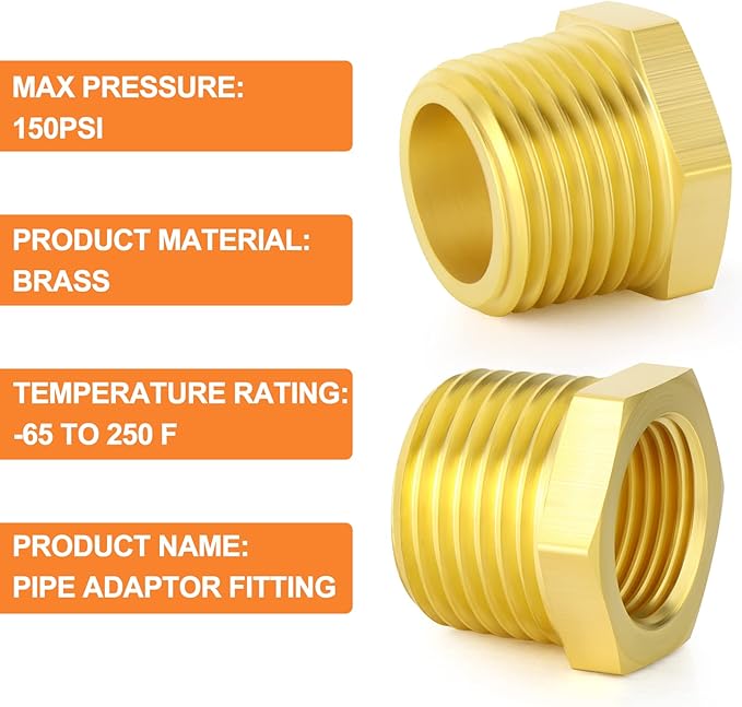 GASHER 5Pcs Brass Reducer Hex Bushing 3/4" NPT Male x 3/8" NPT Female, Brass Threaded Pipe Fitting