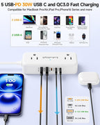 PD30W Split Extension Cord 10FT (5FT on Each Side), Single Flat Plug Twin Extension Cord with 4 AC Outlets, 2 USB-A & 3 USB-C, Nightstand Charging Station for Bedroom, His and Hers