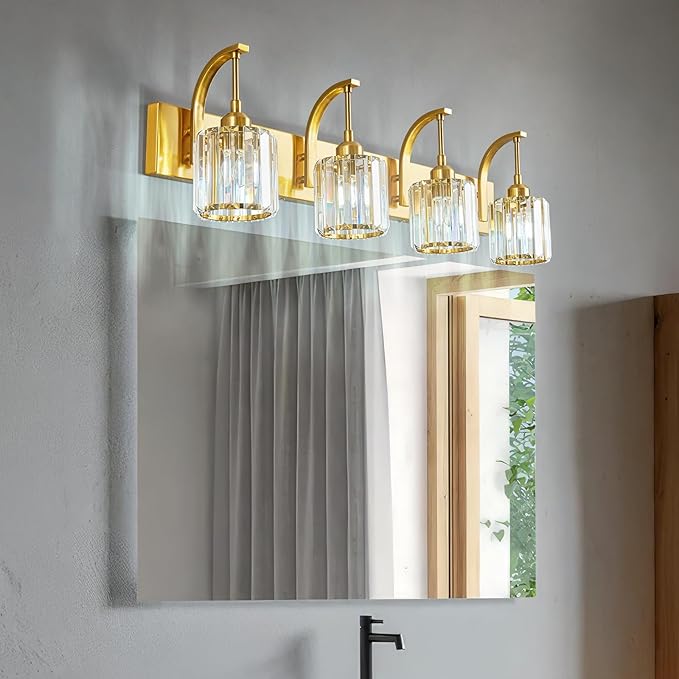 4-Light Crystal Vanity Light, Modern Gold Bathroom Wall Sconce with K9 Crystal Shades, 32.67" Long Over Mirror Lighting for Vanity, Makeup, Hallway, Elegant & Easy Install