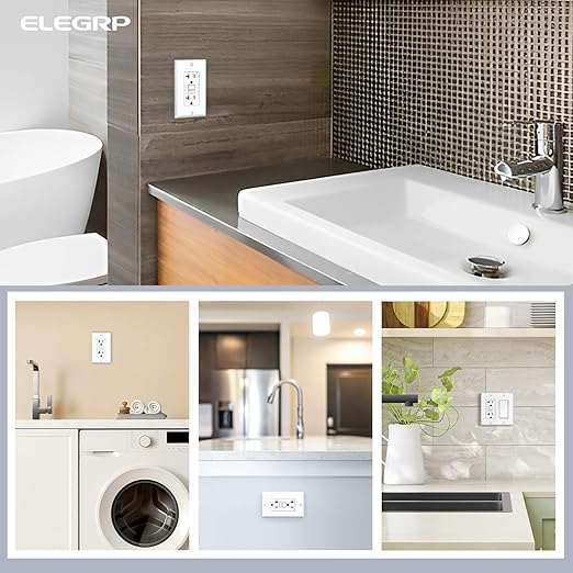 ELEGRP GFCI Outlet 20 Amp, Self-Test GFI Electrical Outlet with Narrow Design, GFCI Receptacle with LED Indicator, UL Listed, White, Wall Plate Included, 1 Pack