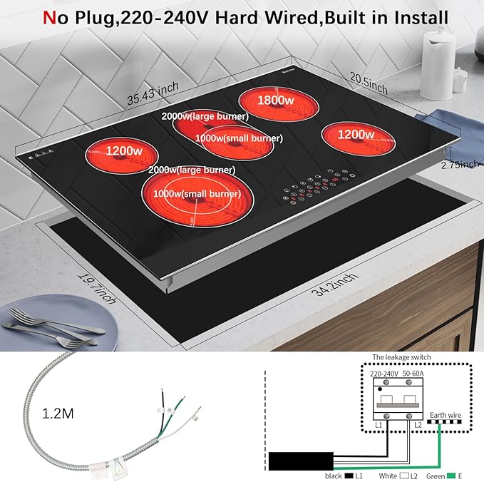 Karinear Electric Cooktop 36 Inch, 5 Burners Electric Stove Top, Built-in Glass Radiant Electric Ceramic Cooktop, Expandable Zones, Lock, Timer, Pause, Metal Edged Protection, 8400W 220~240v Hardwired