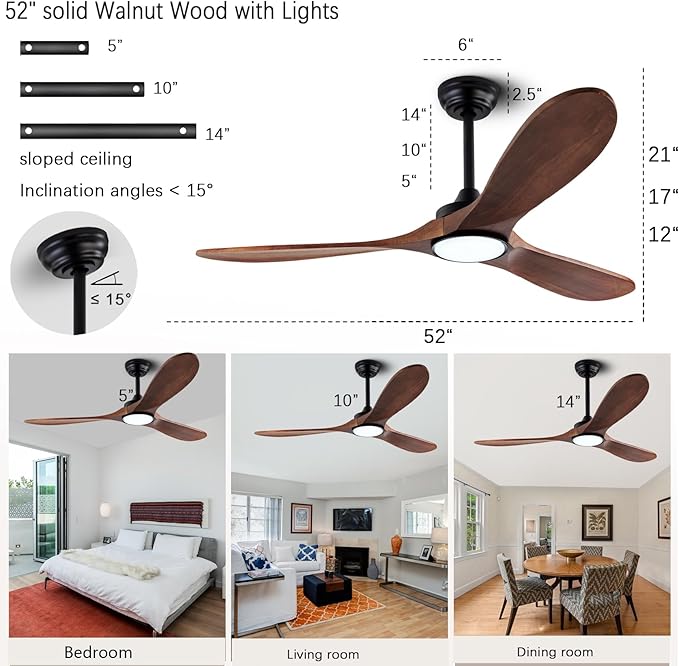 52" Wood Ceiling Fans with Lights and Remote Control,Indoor Outdoor 3 Blades Wooden Ceiling Fan for Garage,Patio,Living Rooms,Bedrooms,Offices,Farmhouse(Black+Dark Walnut)