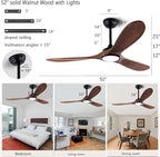 52" Wood Ceiling Fans with Lights and Remote Control,Indoor Outdoor 3 Blades Wooden Ceiling Fan for Garage,Patio,Living Rooms,Bedrooms,Offices,Farmhouse(Black+Dark Walnut)
