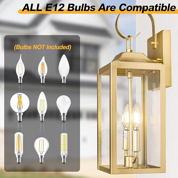 19" Gold Outdoor Wall Lantern 2-Light, Large Modern Wall Sconce Light Fixture, Industrial Porch Light with Glass, Waterproof Farmhouse Exterior Lamp (1 Pack)