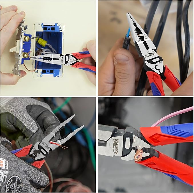 Needle Nose Pliers, Long Needle Nose Pliers with Wire Stripper and Crimper, 8.4 Inch Long Lose Pliers, 5-in-1 Needle Nose for Bending, Crimping, and Stripping