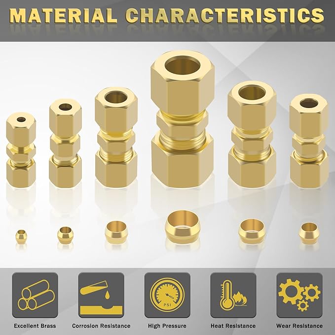 46pcs Brass Compression Tube Pipe Fittings Assortment Kit, Taiidaues 1/8" 3/16" 1/4" 5/16" 3/8" 1/2" OD Compression Union Connector & Compression Sleeves Ferrules