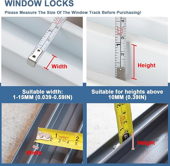 Sliding Window Locks, 4 Pack Window Locks with Key for Up and Down & Horizontal Sliding Windows Doors, Adjustable Easv to Install, Window Security for Patio Bedroom Home Office