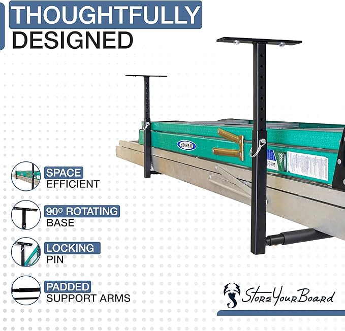 StoreYourBoard Adjustable Overhead Ladder Rack – Garage Organizer Ladder Shelf for Step & Extension Ladders - Storage Racks and Shelving for Garage Organization - Ceiling Mounted - Holds 75 lbs