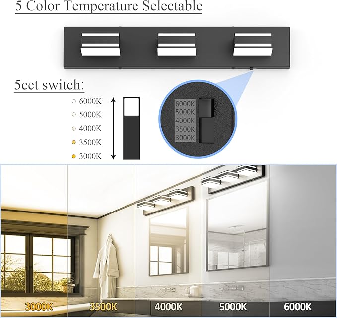 Ralbay 24inch Black Bathroom Vanity Lights with 5 Color Temperatures (3000K-6000K) Dimmable Modern Metal Acrylic LED Matte Black Bathroom Wall Lighting Fixtures (3-Light)