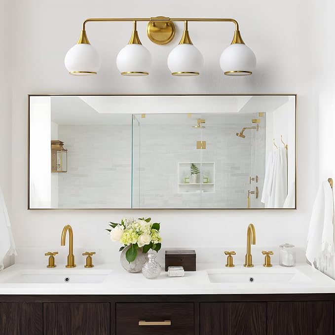 Brass Gold Bathroom Light Fixtures 4-ights Vanity Lights with Milky White Frosted Glass Shade Bathroom Vanity Light 30.7 inch Wall Sconce Lighting Bath(Exclude E26 Bulb)