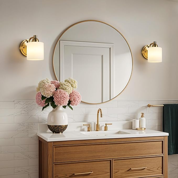 Gold Milk Glass Wall Sconces, 1 Pack Hardwired Indoor Wall Light Fixtures for Living Room, Hallway, Bedroom, Ceramic E26 Sockets (Bulbs Not Included)