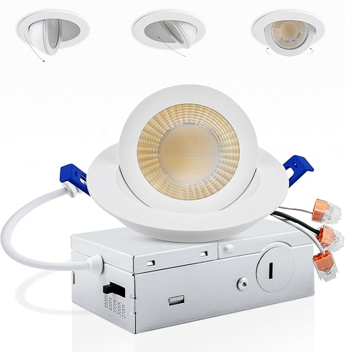Adetu 3 Inch 5CCT Gimbal Led Recessed Lighting with Junction Box, 2700K/3000K/3500K/4000K/5000K Selectable, 7W Eqv 80W, 360°+90° Adjustable Recessed Lights, 798LM Brightness - ETL (White, 1 Pack)