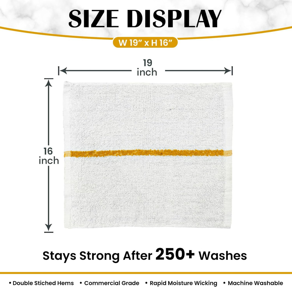 Bar Mops Gold Stripe Pack of 60 Kitchen Towels 16x19 Multi-Purpose for Home, Restaurant and Cleaning White Absorbent Washcloth Dishcloths Sets, Reusable Dish, Cloths Rags