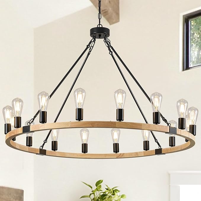 16-Light Wood Wagon Wheel Chandelier Farmhouse Natural, 43.3'' Black Metal Pendant Chandeliers Wooden Rustic Light Fixtures for High Ceiling Living Dining Room Foyer Entryway