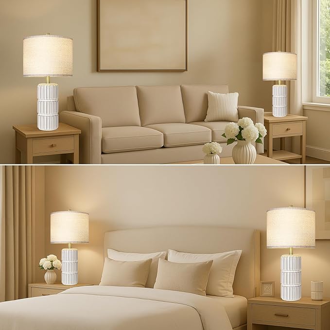 23.5" Ceramic Table Lamp Set of 2, Table Lamps for Living Room, Bedside Lamps with 3-Way Dimmable Bulb, Lamps for Night Stands with Linen Shade, Farmhouse Lamp with Rotary Switch (Bulb Included)