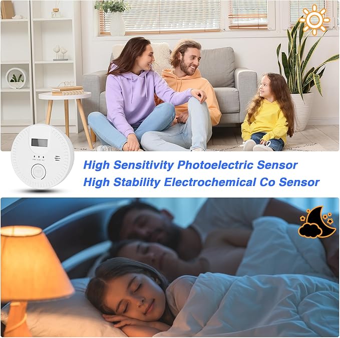 Smoke and Carbon Monoxide Detector, 2 in 1, Smoke & CO Alarm, 85db Sound, LCD Readout, Battery Operation, for Home and Kitchen, Easy Installation