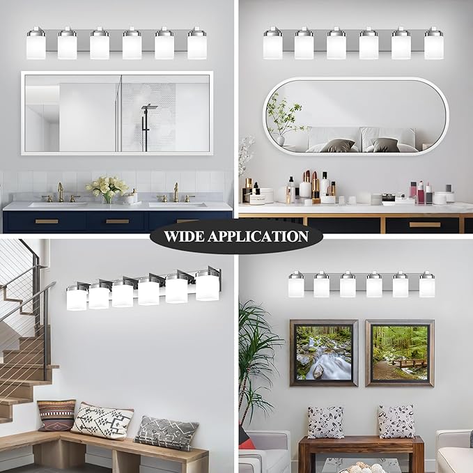 6-Light Bathroom Light Fixtures, Chrome Vanity Lights for Bathroom Mirror Lamp with Milky White Square Glass Shade, E26 Base Modern Wall Sconce Kitchen Light Fixtures Led Vanity