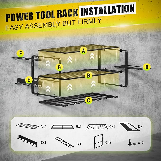 Power Tool Organizer Wall Mount - 200Lbs Load 3 Layers Storage Rack with 4 Drill Holders for Drills Cordless Tools. Heavy Duty Iron Garage Tool Organizer Storage for Workshop Shed Pegboard Basement