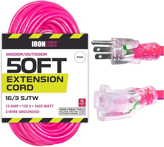 Iron Forge Cable Weatherproof 50 Ft Outdoor Extension Cord - 16/3 SJTW 13 Amp Heavy Duty Neon Pink Extension Cord 3 Prong - Lighted End