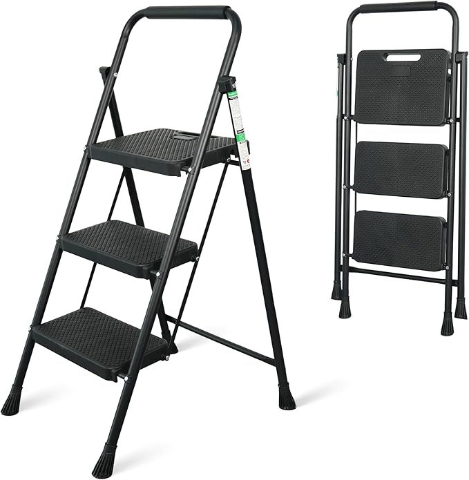 3 Step Ladder, Portable Steel Folding Step Stool with Wide Anti-Slip Pedal & Convenient Handgrip, 500lbs Sturdy Steel Ladder, Black