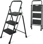 3 Step Ladder, Portable Steel Folding Step Stool with Wide Anti-Slip Pedal & Convenient Handgrip, 500lbs Sturdy Steel Ladder, Black