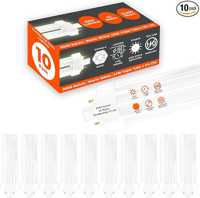 GoodBulb 42 Watt CFL Light Bulbs 4 Pin GX24Q-4 Base 3000K Warm White 42W High Output 3200 Lumens Triple Tube Compact Fluorescent Light Bulbs Plug-in 10 Pack