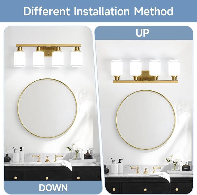 Brushed Gold Bathroom Vanity Light,4-Light Bathroom Light Fixtures with Square Frosted Glass,Gold Bathroom Wall Lamp Sconces for Mirror Bedroom,Living Room Hallway,E26