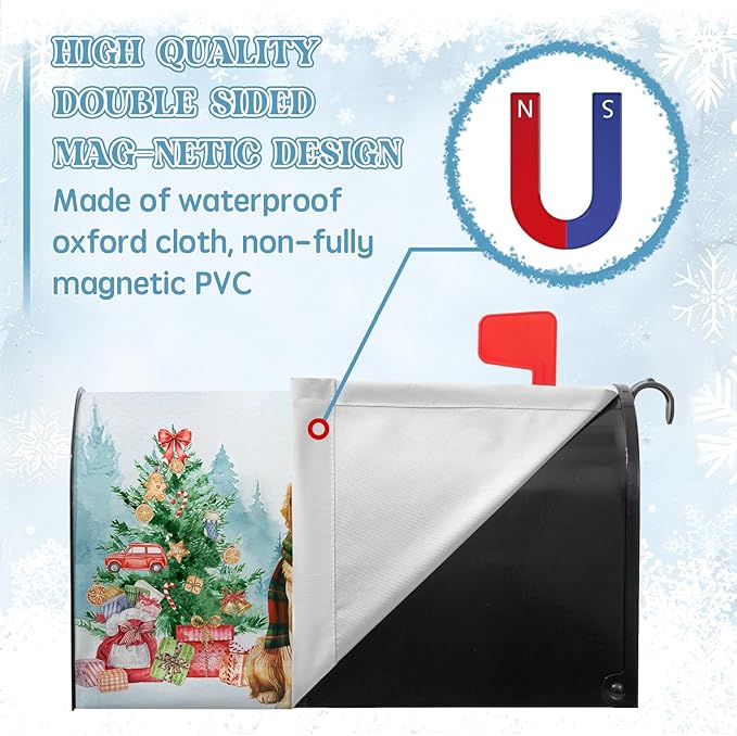 Xmas Dog Magnetic Mailbox Covers Christmas Tree Mail Box Cover Standard Size Winter Retriever Dogs Post Letter Box Wraps 21x18 Inch for Garden Outdoor Decor