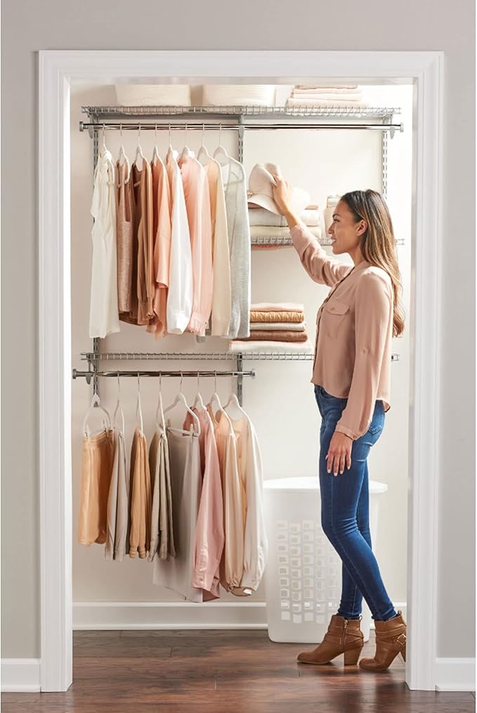 Rubbermaid Configurations Custom Closet Kit 4-8 Ft. Adjustable Metal Wire Shelving Titanium Finish Expandable Organization System Hardware Included for Home Closet/Pantry/Laundry/Mudroom