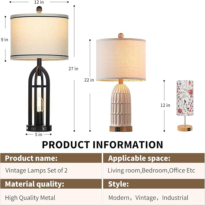 27" Farmhouse Table Lamps Set of 2 with USB A+C Charging Ports,3-Way Dimmable Touch Control Bedside Lamps with Nightlight,Vintage Modern Lamp for Living Room Bedroom with 2 Light Sources