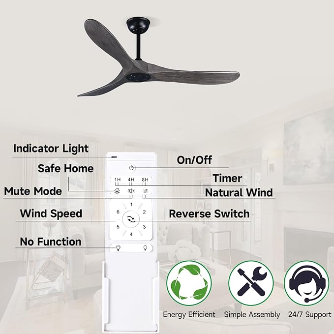 52" 3 Blade Ceiling Fan Without Light, Farmhouse Rustic Wooden Flush Mount Ceiling Fan no Light with Remote for Indoor/Outdoor - High End Silent Operation, Grey & Black, 52 Inch