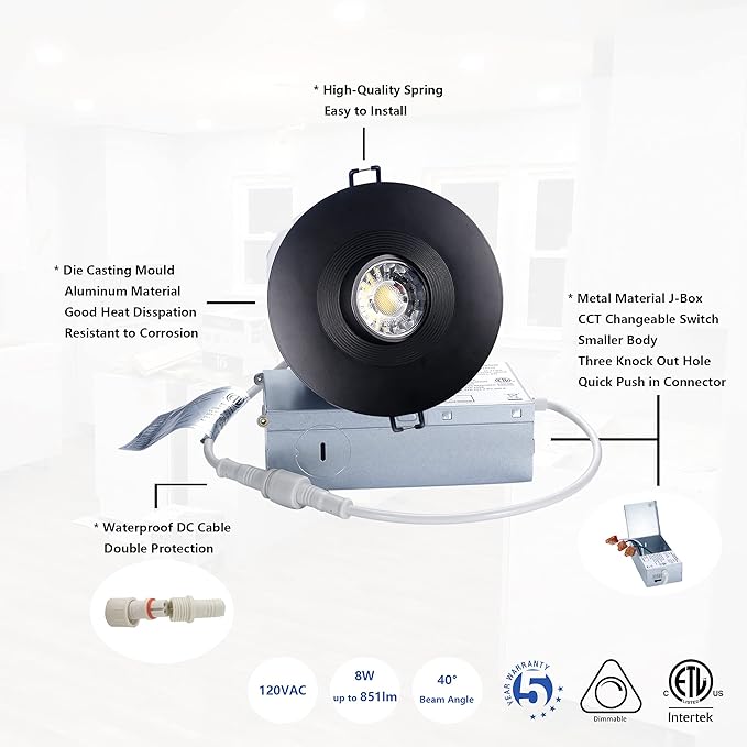 Premium Canless Recessed Gimbal Downlight Rotatable-Spotlight 5 CCT 4 Inch Eyeball Ceilling Potlight, Dimmable Lights Fixture with Junction Box, 8W Black Round Trim, with Baffle, 6P