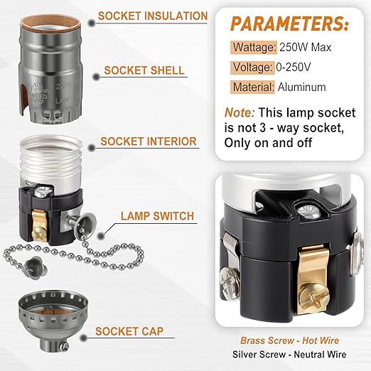 4 Pcs Pull Chain Lamp Socket Replacement, E26 Standard Threaded Base, Light Socket with Pull Chain, Lamp Parts for Repair (Black)